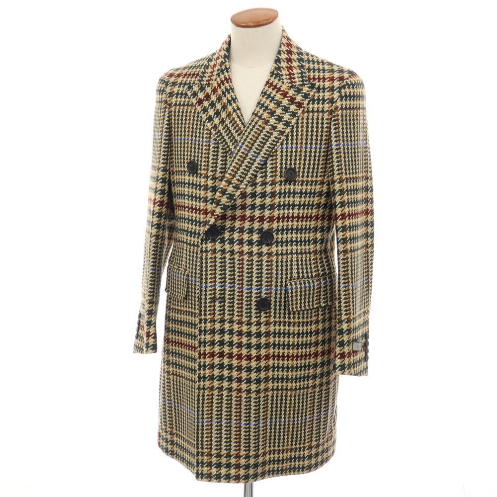 【新品】カナーリ CANALI ウールカシミヤ チェック ダブルブレストコート ベージュxグリーン【サイズ46】【 状態ランクN 】【 メンズ 】