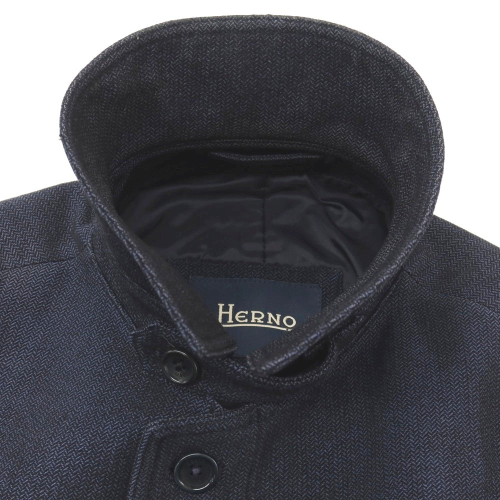 【中古】ヘルノ Herno ウールコットン ヘリンボーン 中綿入り ベルテッド ステンカラーコート ネイビーxブラック【サイズ44】【 状態ランクD 】【 メンズ 】