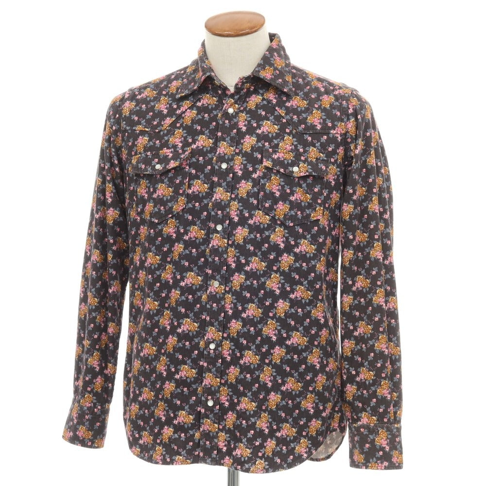 【中古】ベヴィラクア BEVILACQUA コットン 細畝コーデュロイ 花柄 プリント ウエスタンシャツ チャコールグレーxブラウン【サイズM】【 状態ランクB 】【 メンズ 】