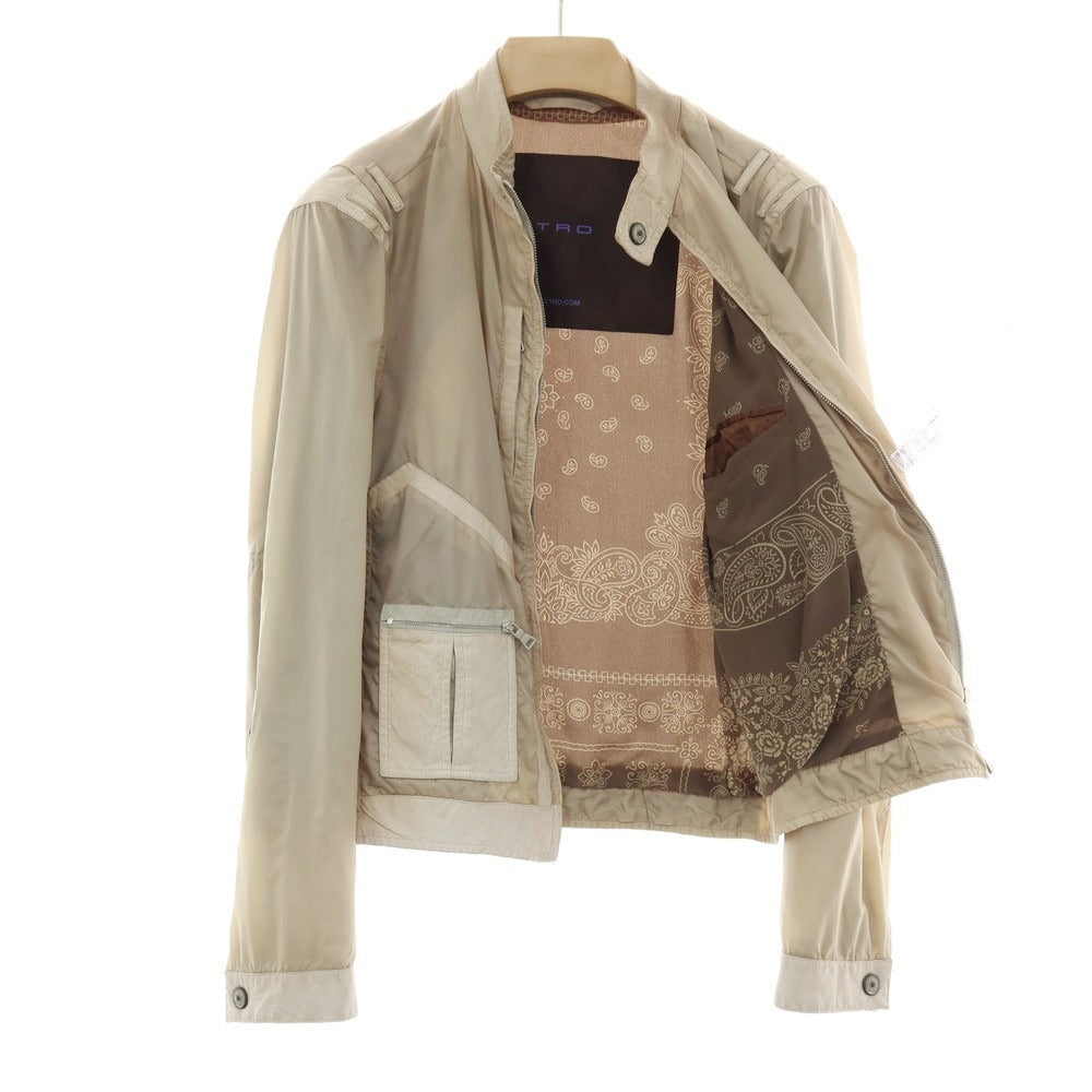 【中古】エトロ ETRO ナイロン×カンガルーレザー シングルライダースジャケット ブルゾン ベージュ系【サイズXS】【 状態ランクD 】【 メンズ 】