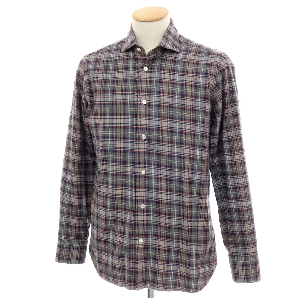 【中古】ボリエッロ BORRIELLO コットンウール チェック ワイドカラー カジュアルシャツ グレーxグレージュ【サイズ38】【 状態ランクB 】【 メンズ 】