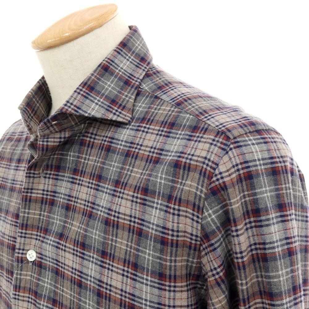 【中古】ボリエッロ BORRIELLO コットンウール チェック ワイドカラー カジュアルシャツ グレーxグレージュ【サイズ38】【 状態ランクB 】【 メンズ 】