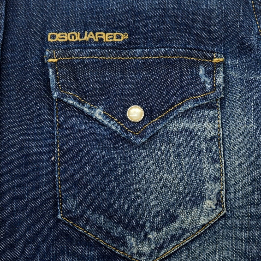 【中古】ディースクエアード DSQUARED2 ダメージ加工 ストレッチ コットン デニム ウエスタンシャツ ネイビー【サイズ46】【 状態ランクD 】【 メンズ 】