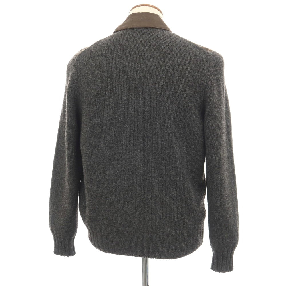 【中古】グランサッソ GRAN SASSO ウール×レザー 切替 ダブルジップ ニットブルゾン グレーxブラウン【サイズ48】【 状態ランクB 】【 メンズ 】