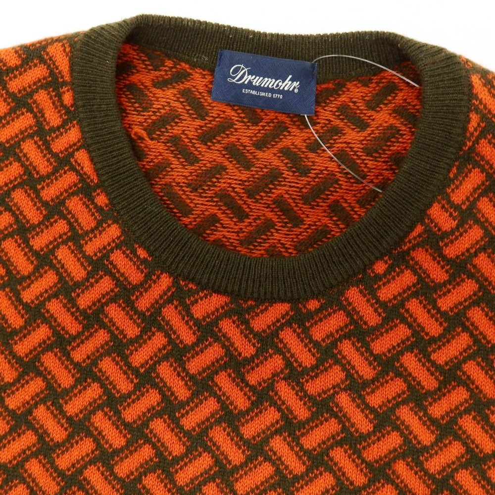【中古】ドルモア DRUMOHR カシミヤ ビスコッティ柄 クルーネック プルオーバーニット オレンジxダークオリーブグリーン【サイズ48】【 状態ランクB 】【 メンズ 】
