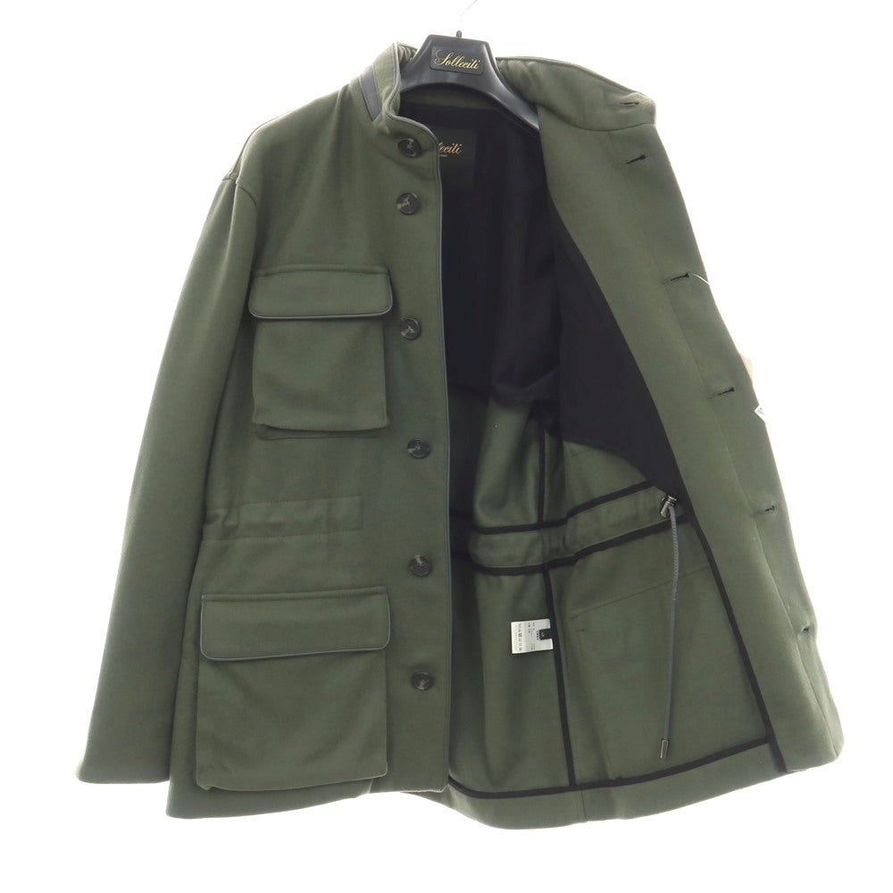 【中古】ソレシティ Solleciti ウールナイロン レザーパイピング スタンドカラー ミリタリージャケット オリーブグリーン【サイズ46】【 状態ランクB 】【 メンズ 】