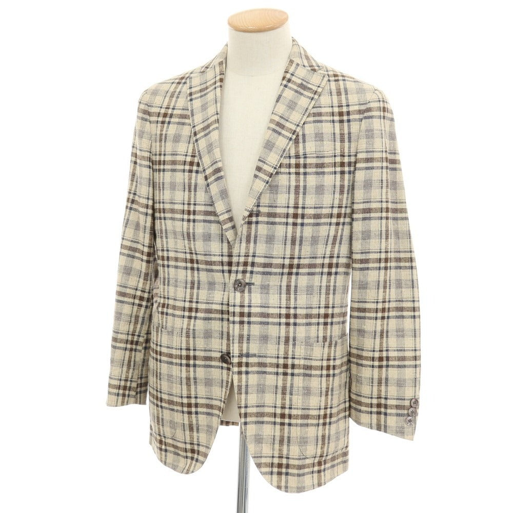 【中古】ボリオリ BOGLIOLI DOVER リネンシルク チェック 3B テーラードジャケット ベージュxブラウン【サイズ44】【 状態ランクC 】【 メンズ 】