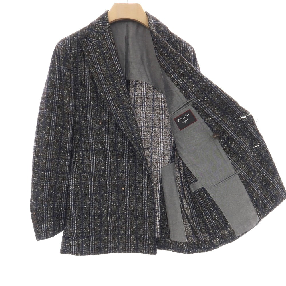 【中古】スティレ ラティーノ STILE LATINO ウールアルパカナイロン チェック ダブル6B テーラードジャケット ブラックグリーンxネイビー【サイズ44 DROP,8R】【 状態ランクC 】【 メンズ 】