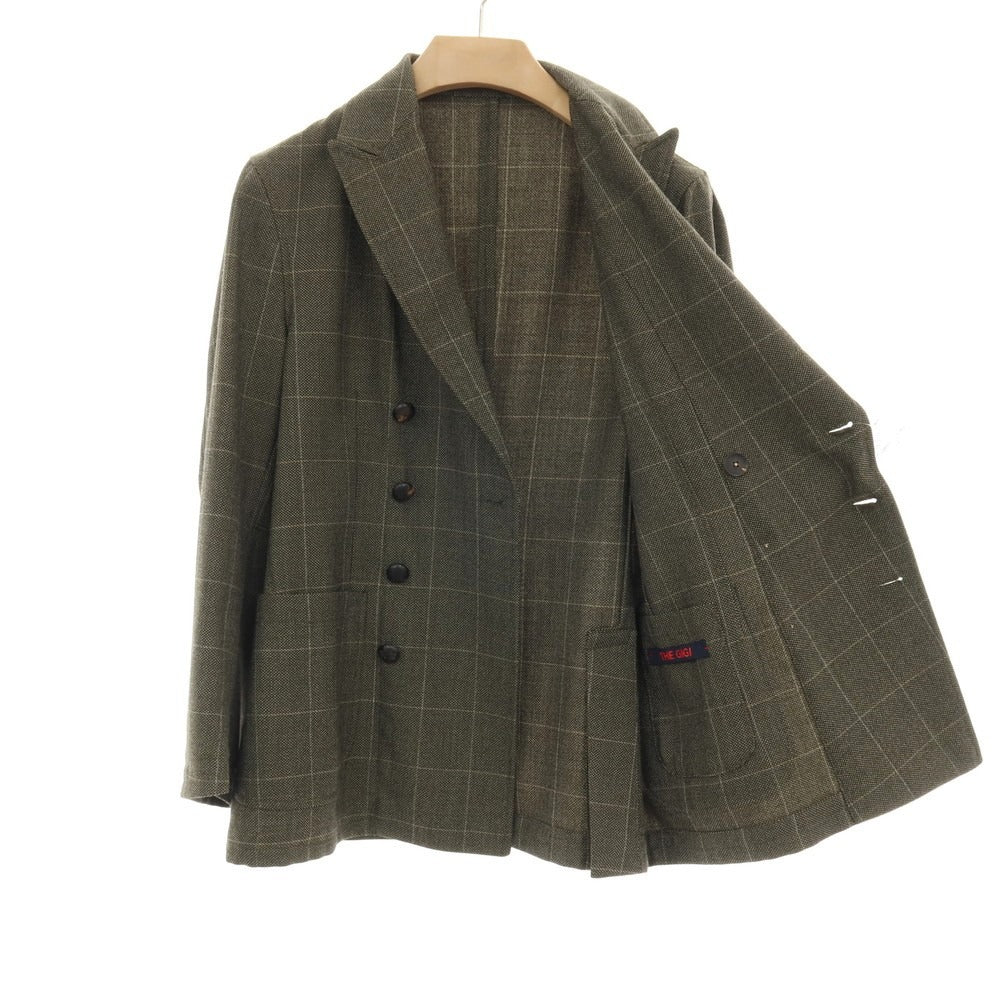 【中古】ザ ジジ THE GIGI ウール ウィンドウペーンチェック ダブル8B テーラードジャケット オリーブ系【サイズ46】【 状態ランクC 】【 メンズ 】
