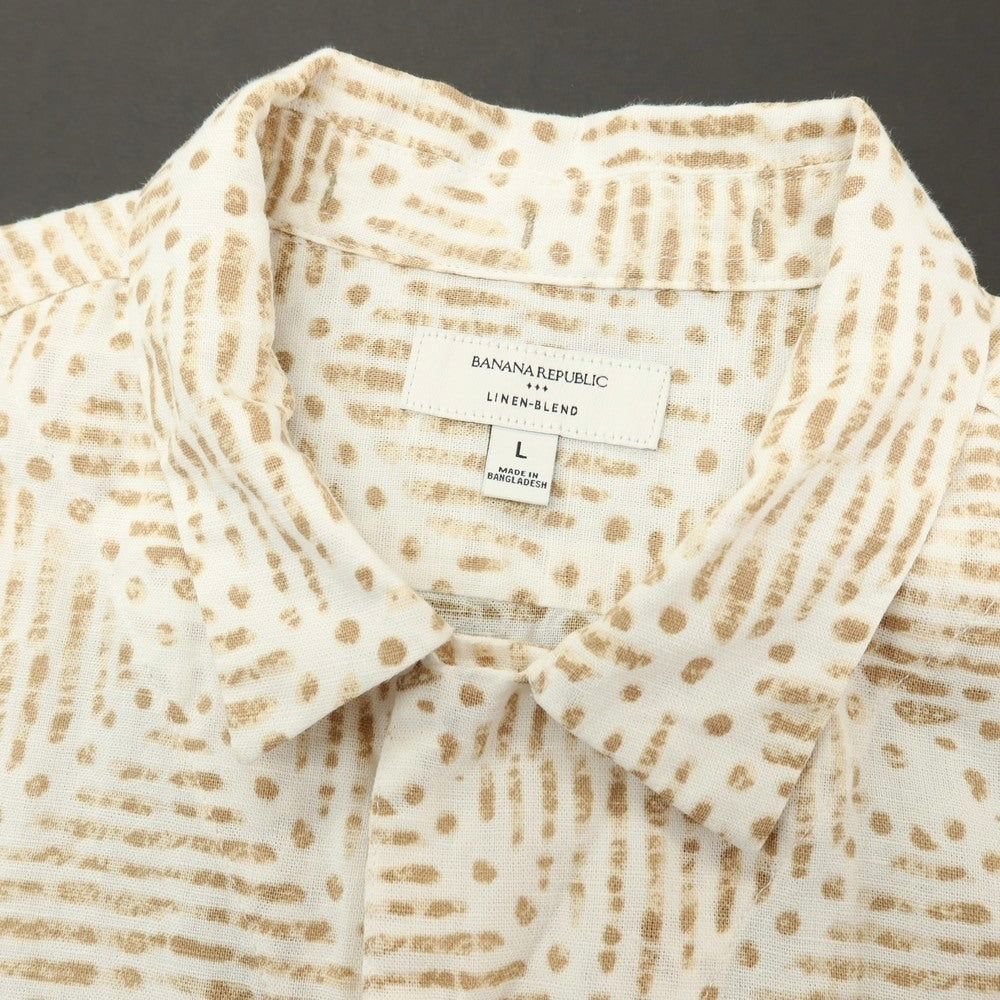 【中古】バナナリパブリック Banana Republic リネンコットン 総柄 プリント オープンカラー 半袖シャツ ホワイトxブラウン【サイズL】【 状態ランクB 】【 メンズ 】