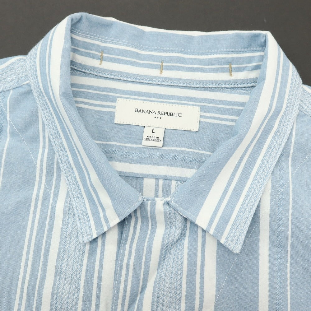 【中古】バナナリパブリック Banana Republic コットンポリエステル ストライプ オープンカラー 半袖シャツ ライトブルーxホワイト【サイズL】【 状態ランクB 】【 メンズ 】