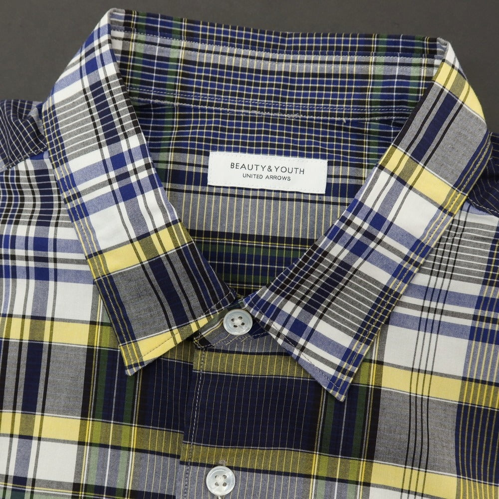 【中古】【未使用】ビューティアンドユースユナイテッドアローズ BEAUTY&YOUTH UNITED ARROWS コットン チェック 半袖シャツ ネイビーxホワイト【サイズM】【 状態ランクS 】【 メンズ 】