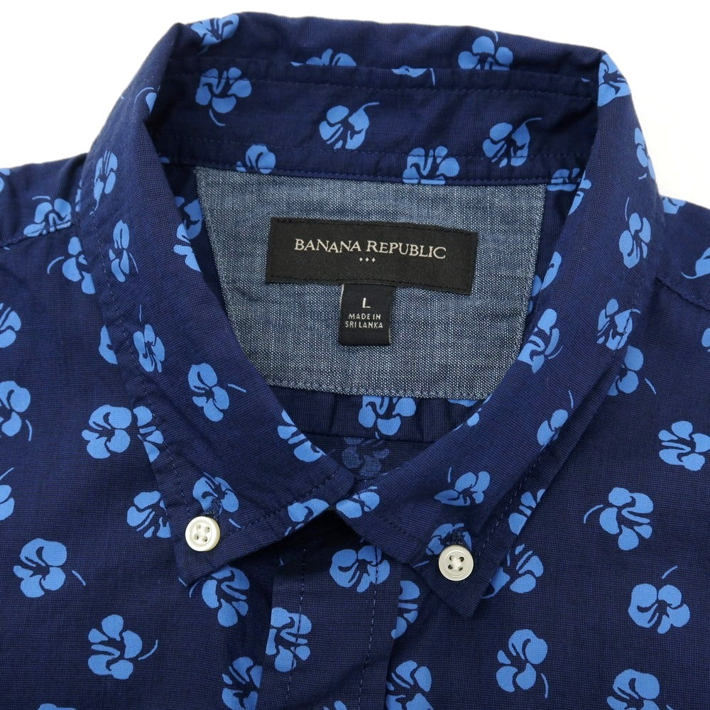 【中古】【未使用】バナナリパブリック Banana Republic コットン 花柄 フラワー プリント ボタンダウン 半袖シャツ ネイビーxブルー【サイズL】【 状態ランクS 】【 メンズ 】