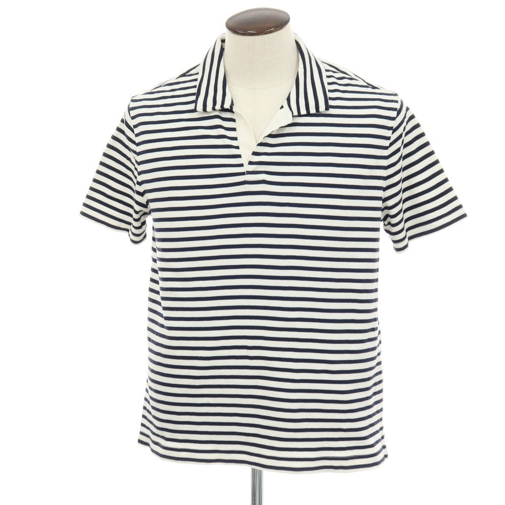 【中古】バナナリパブリック Banana Republic コットン ボーダー スキッパー 半袖ポロシャツ ネイビーxホワイト【サイズL】【 状態ランクB 】【 メンズ 】