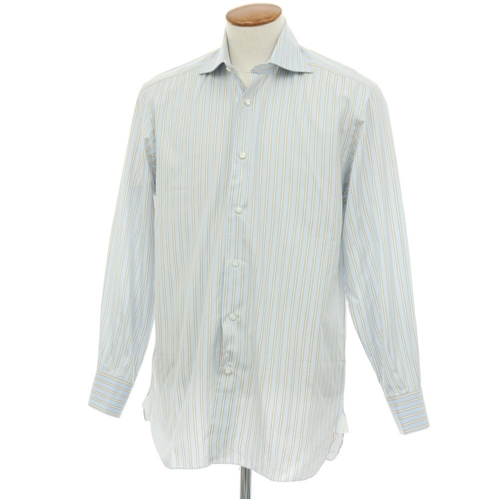 【中古】エルメネジルドゼニア Ermenegildo Zegna COUTURE コットン ストライプ ワイドカラー ドレスシャツ ライトブルーxベージュ【サイズ40】【 状態ランクC 】【 メンズ 】