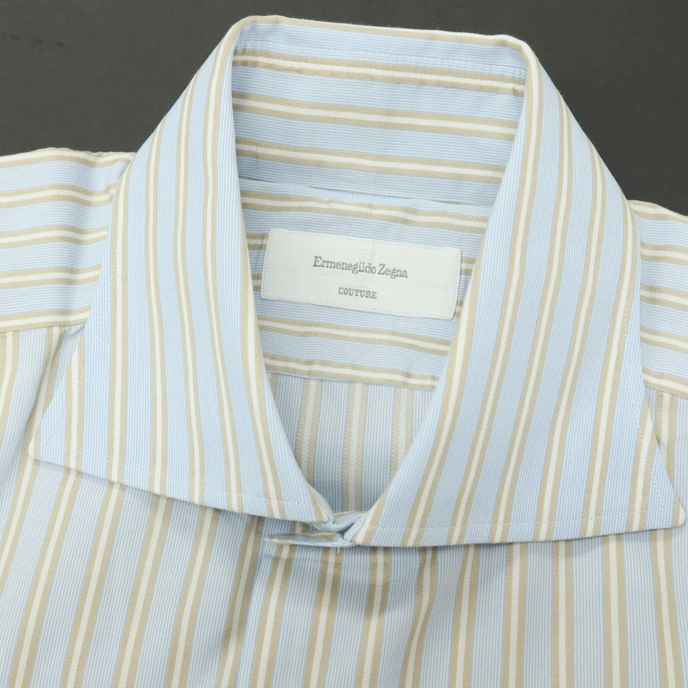 【中古】エルメネジルドゼニア Ermenegildo Zegna COUTURE コットン ストライプ ワイドカラー ドレスシャツ ライトブルーxベージュ【サイズ40】【 状態ランクC 】【 メンズ 】