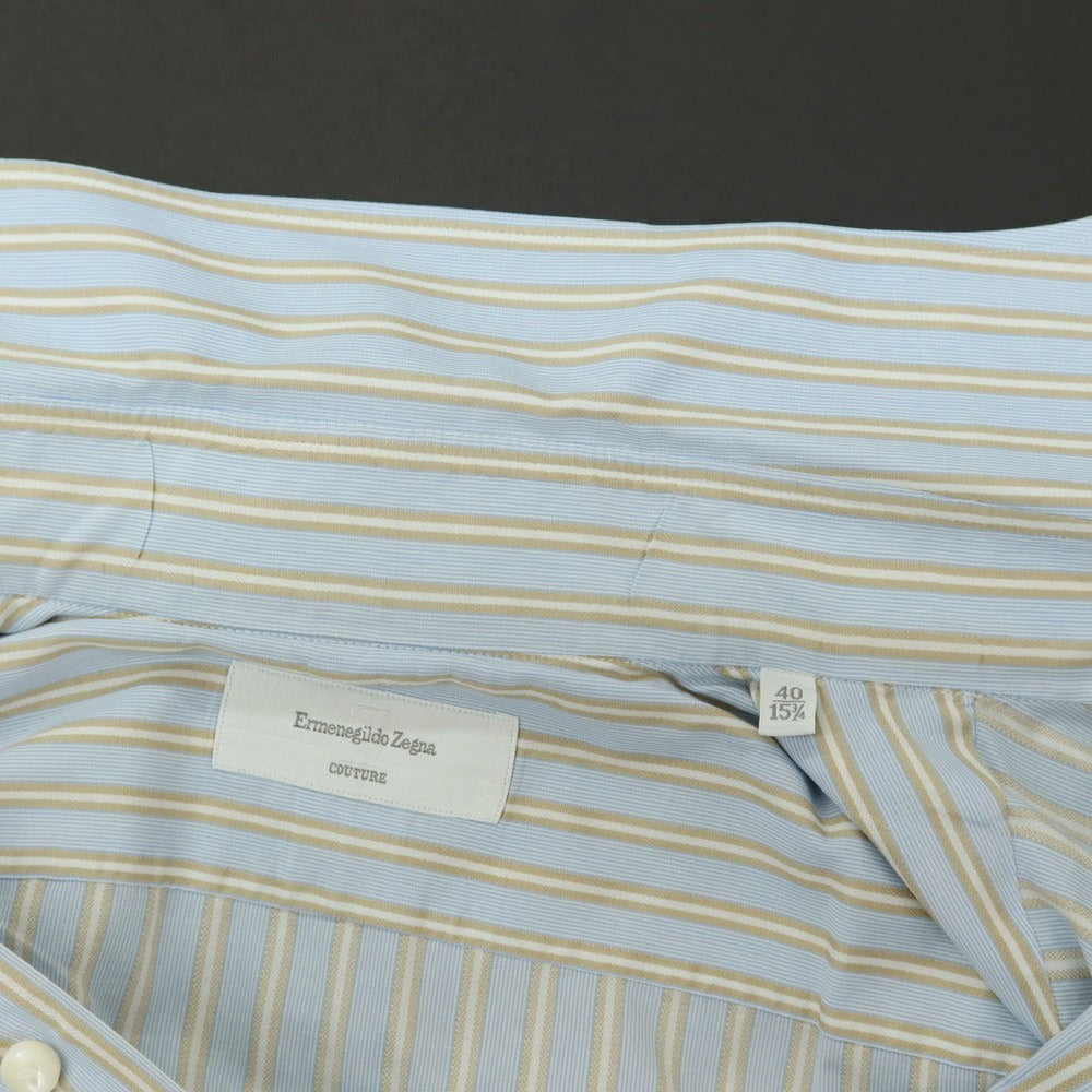 【中古】エルメネジルドゼニア Ermenegildo Zegna COUTURE コットン ストライプ ワイドカラー ドレスシャツ ライトブルーxベージュ【サイズ40】【 状態ランクC 】【 メンズ 】