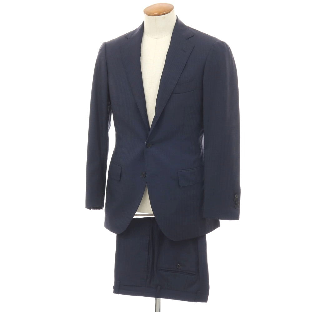 【中古】サルトリア リング Sartoria Ring SUPER130’S ウール ストライプ 3つボタンスーツ ネイビー【サイズ46】【メンズ】 中古】サルトリア リング Sartoria Ring SUPER130'S ウール ストライプ