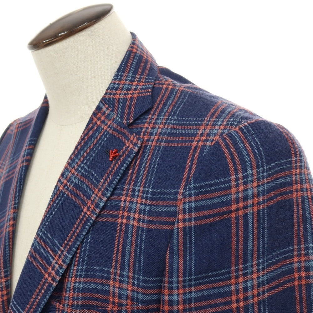 【中古】イザイア ISAIA リネンウール チェック 3B テーラードジャケット ネイビーxピンク【サイズ50】【 状態ランクC 】【 メンズ 】