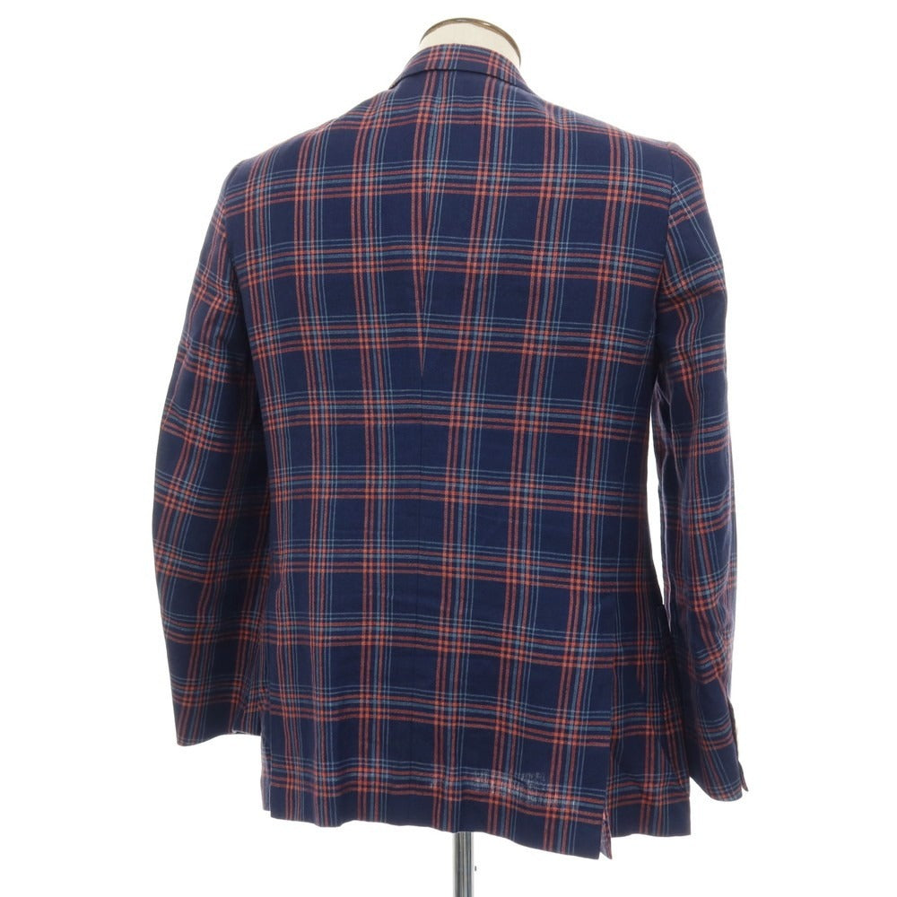 【中古】イザイア ISAIA リネンウール チェック 3B テーラードジャケット ネイビーxピンク【サイズ50】【 状態ランクC 】【 メンズ 】