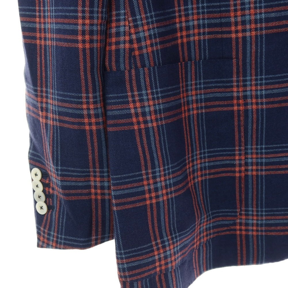 【中古】イザイア ISAIA リネンウール チェック 3B テーラードジャケット ネイビーxピンク【サイズ50】【 状態ランクC 】【 メンズ 】