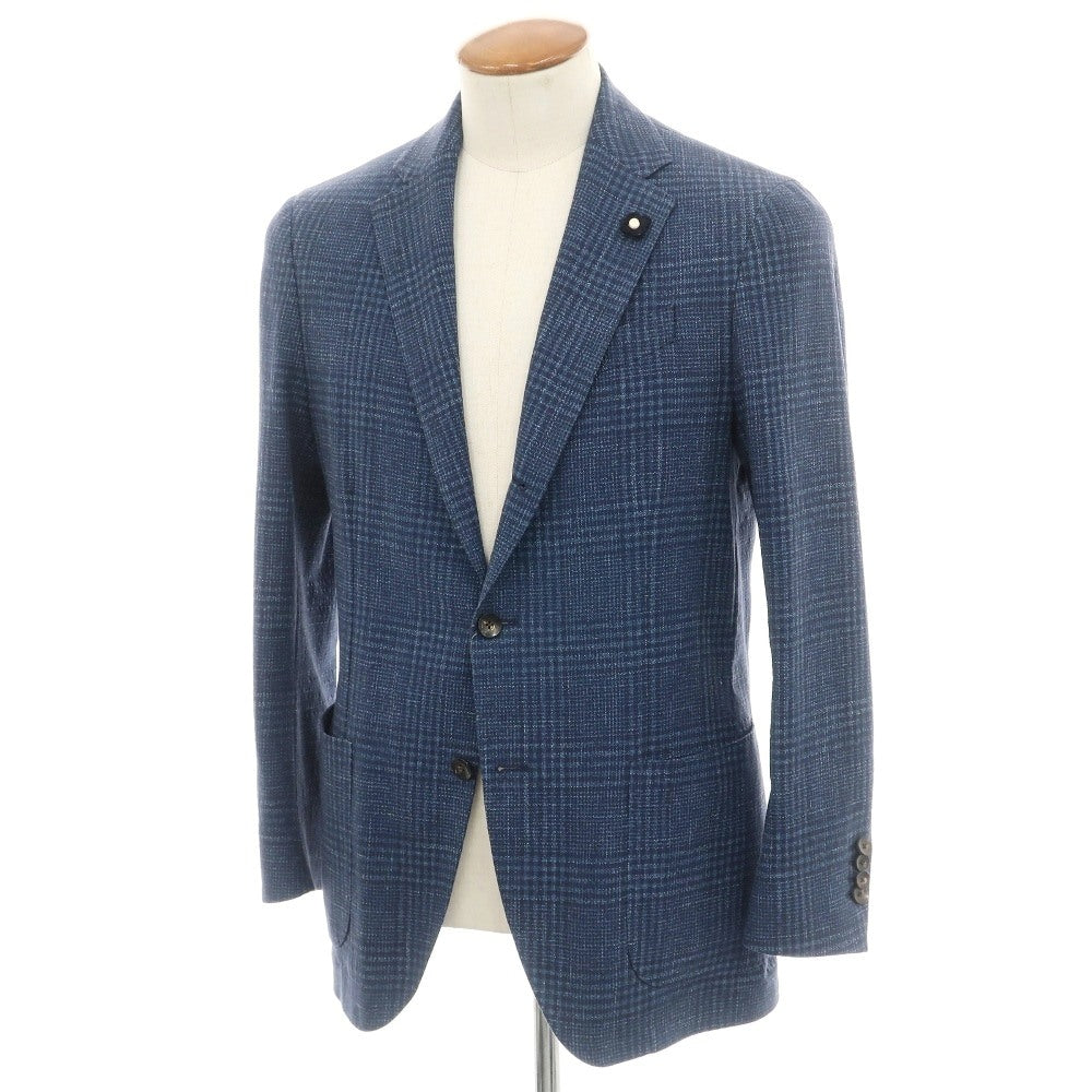 【中古】ラルディーニ LARDINI コットンリネンポリウレタン チェック 3B テーラードジャケット ブルーxネイビー【サイズ46】【 状態ランクB 】【 メンズ 】
