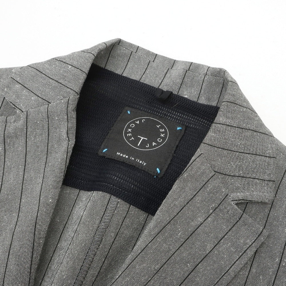 【中古】ティージャケット T-JACKET リネンポリエステル ストライプ 2B カジュアルジャケット グレー【サイズM】【 状態ランクC 】【 メンズ 】