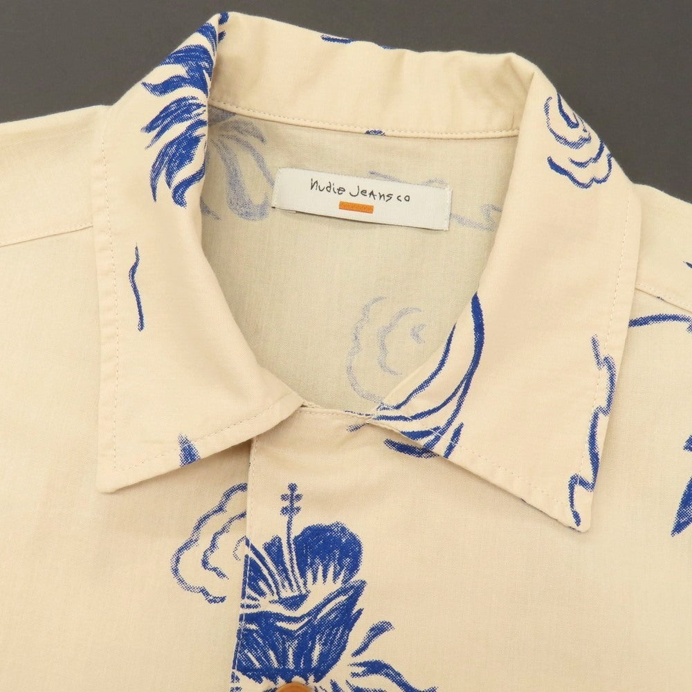【中古】ヌーディージーンズ Nudie Jeans Arvid Waves Hawaii Shirt 総柄プリント オープンカラー 半袖シャツ ベージュxネイビー【サイズXS】【 状態ランクA 】【 メンズ 】