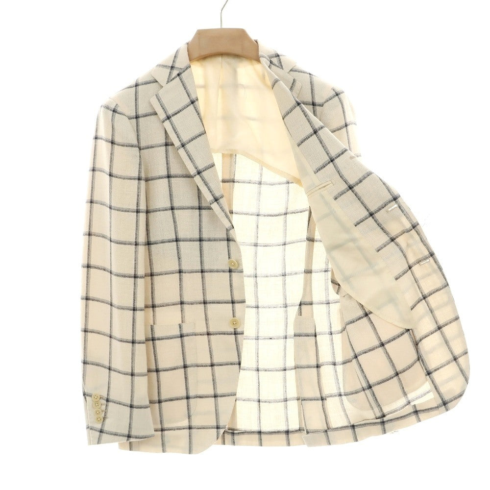 【中古】ビームスエフ BEAMS F シルクリネンウール チェック 3B テーラードジャケット オフホワイトxネイビー【サイズ42】【 状態ランクB 】【 メンズ 】