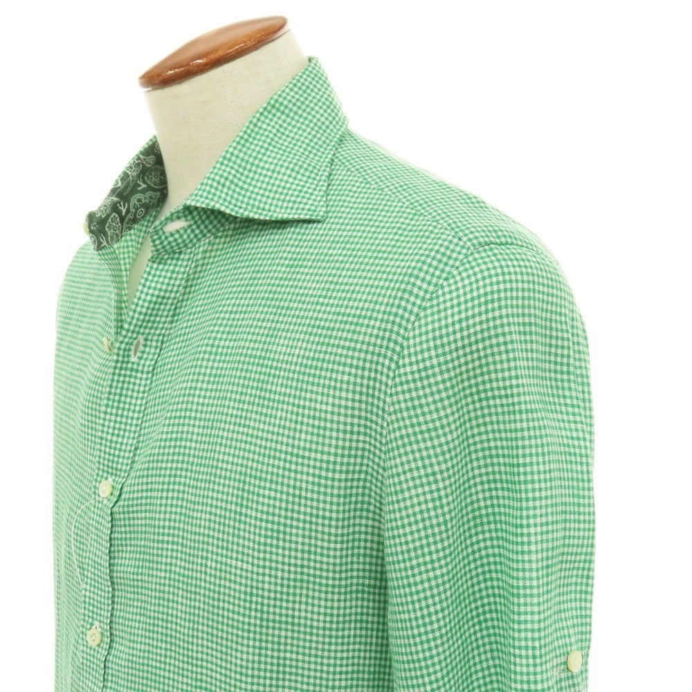 【中古】イザイア ISAIA リネン ギンガムチェック ワイドカラー カジュアルシャツ グリーンxホワイト【サイズ39】【 状態ランクC 】【 メンズ 】