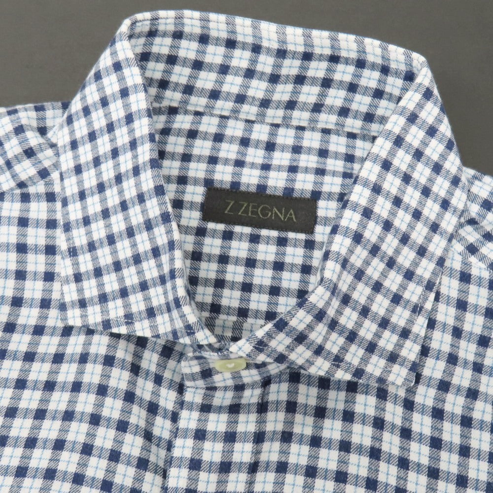 【中古】ジーゼニア Z Zegna コットン チェック ワイドカラー カジュアルシャツ ネイビーxホワイト【サイズM】【 状態ランクC 】【 メンズ 】