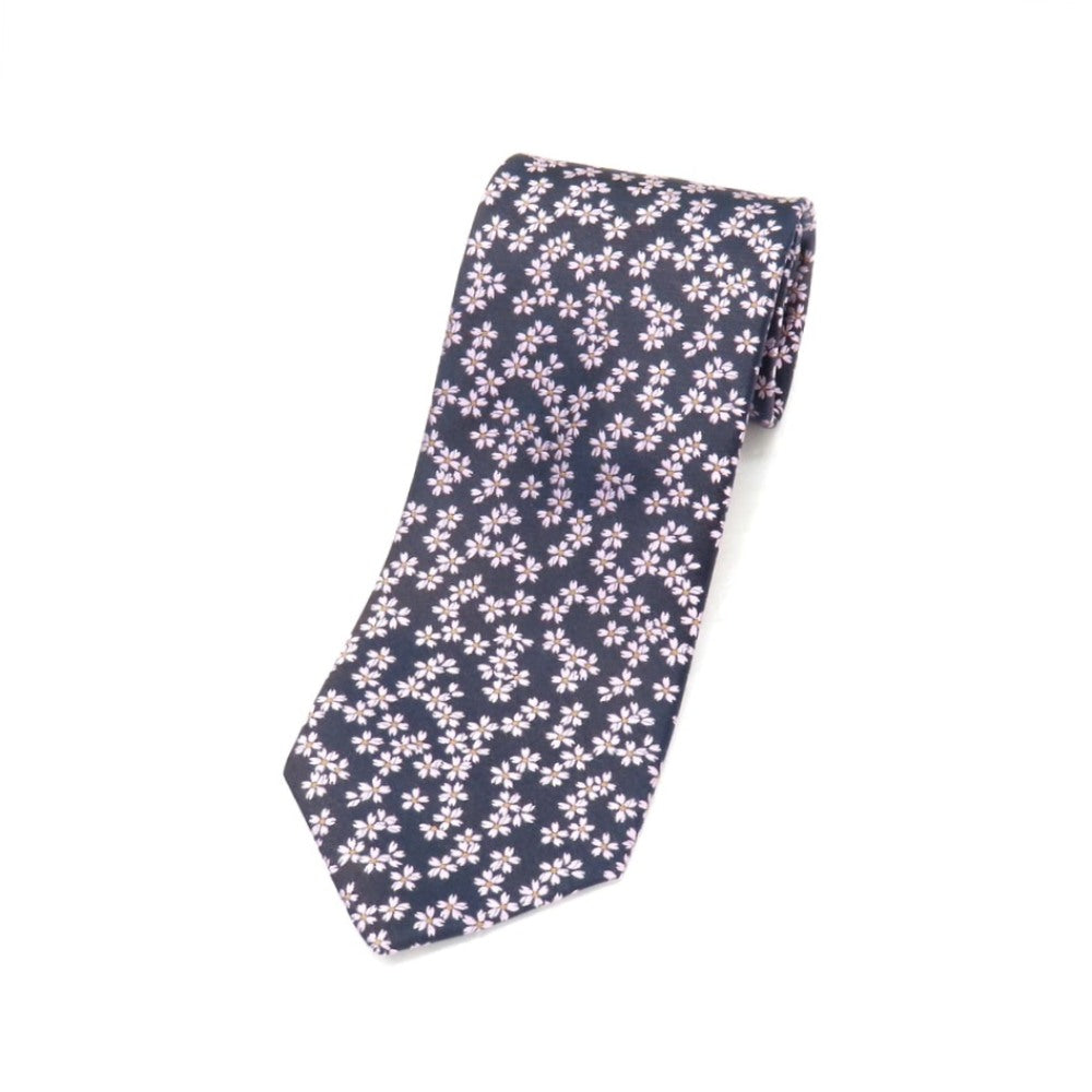 【中古】エルメネジルドゼニア Ermenegildo Zegna LIMITED EDITION for SHINJUKU シルク 桜柄×無地 切り替え ネクタイ ネイビーxピンク【 状態ランクC 】【 メンズ 】