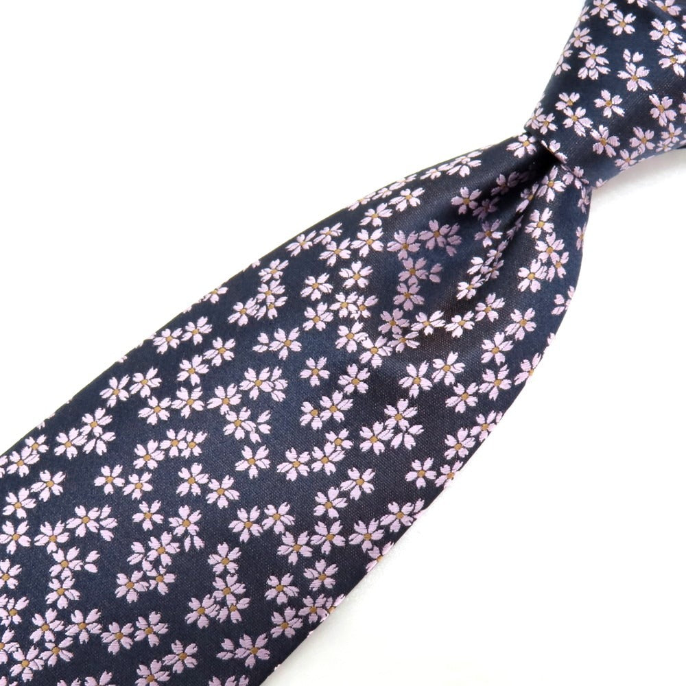 【中古】エルメネジルドゼニア Ermenegildo Zegna LIMITED EDITION for SHINJUKU シルク 桜柄×無地 切り替え ネクタイ ネイビーxピンク【 状態ランクC 】【 メンズ 】