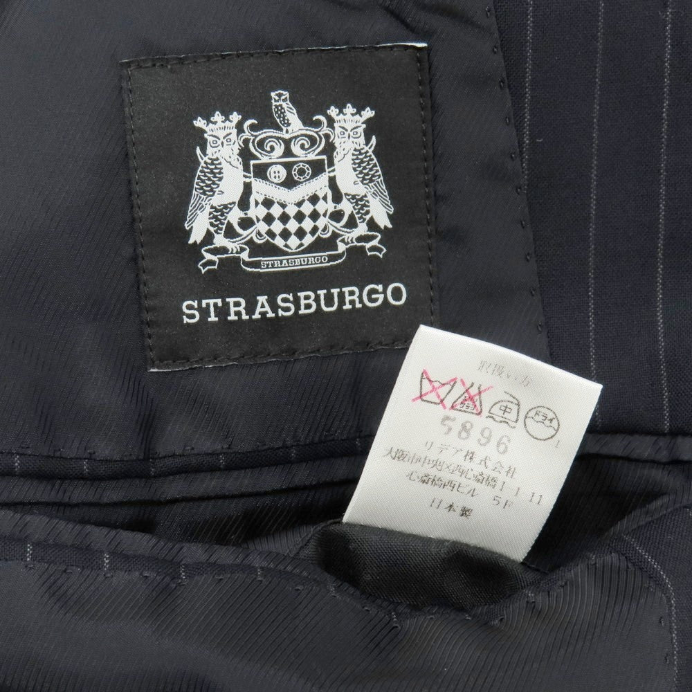 【中古】ストラスブルゴ STRASBURGO スリーピース ウール ストライプ 3つボタンスーツ ネイビーxホワイト【サイズ48】【 状態ランクC 】【 メンズ 】