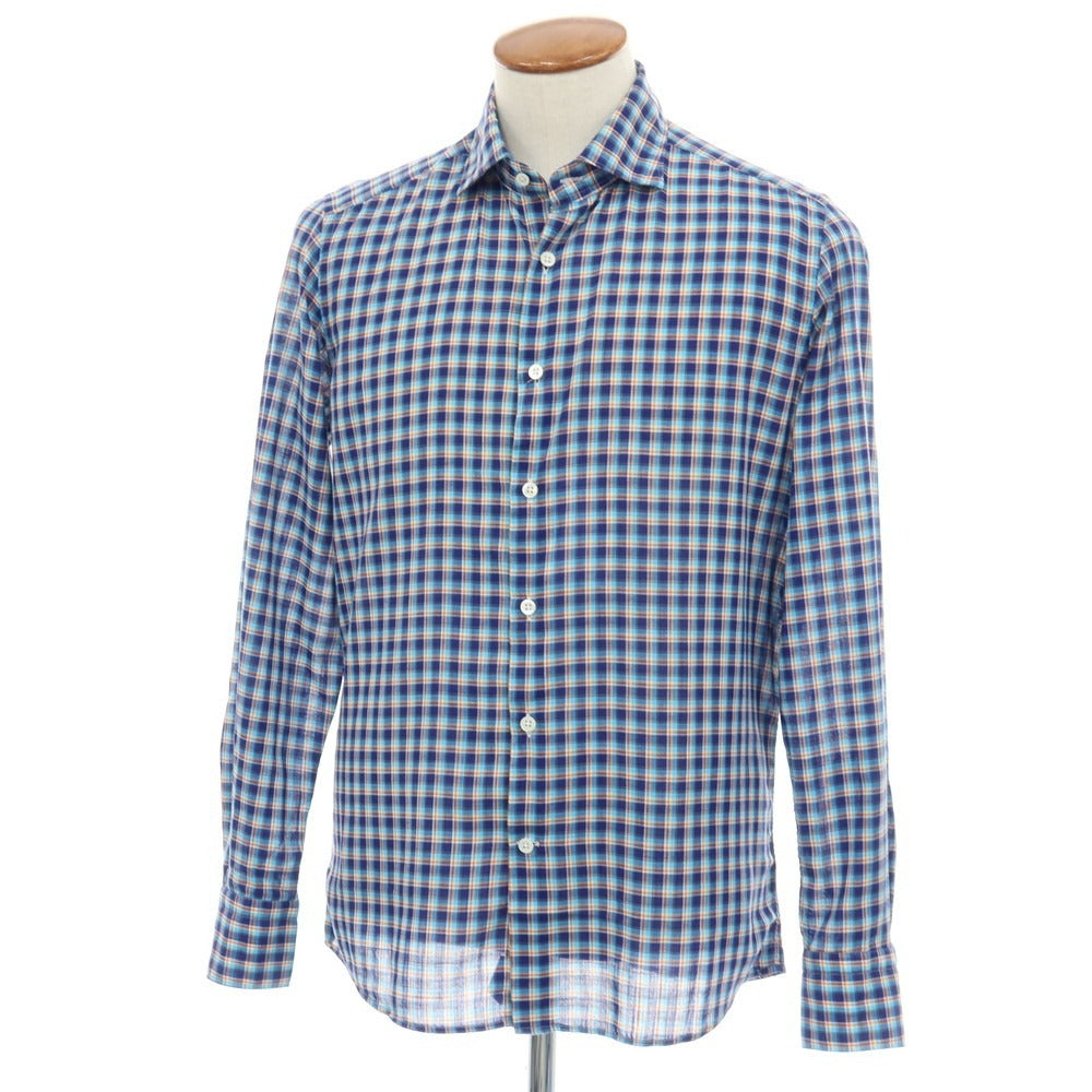【中古】グランシャツ Glanshirt コットン チェック セミワイドカラー カジュアルシャツ ネイビーxブルー【サイズ39】【 状態ランクB 】【 メンズ 】