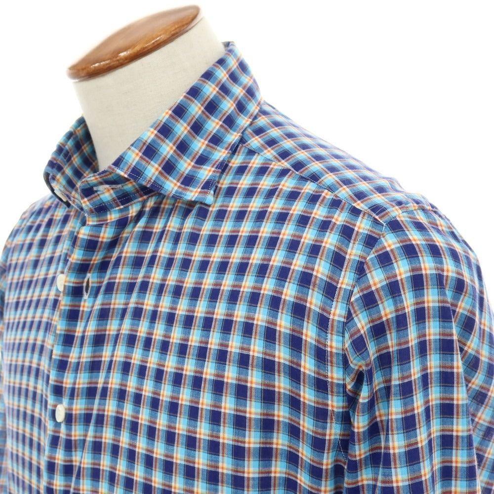 【中古】グランシャツ Glanshirt コットン チェック セミワイドカラー カジュアルシャツ ネイビーxブルー【サイズ39】【 状態ランクB 】【 メンズ 】