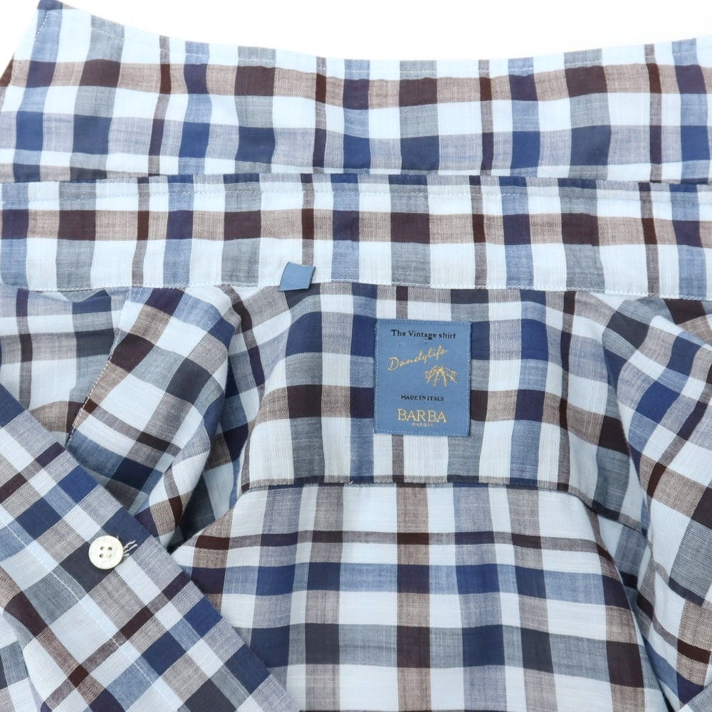 【中古】バルバ ダンディライフ BARBA DANDY LIFE コットン チェック ワイドカラー カジュアルシャツ ライトブルーxネイビー【サイズ38】【 状態ランクC 】【 メンズ 】