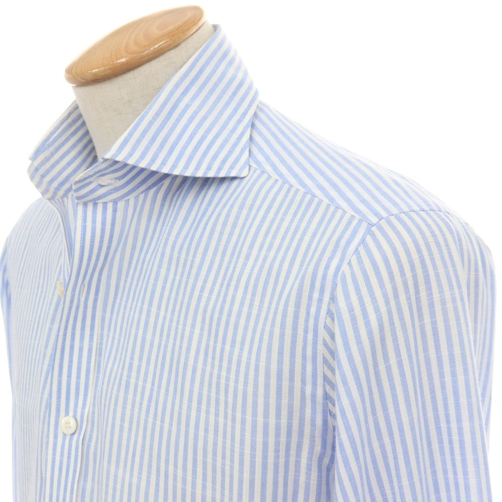 【中古】バルバ ダンディライフ BARBA DANDY LIFE コットンリネン ストライプ ホリゾンタルカラー ドレスシャツ ライトブルーxホワイト【サイズ38】【 状態ランクC 】【 メンズ 】
