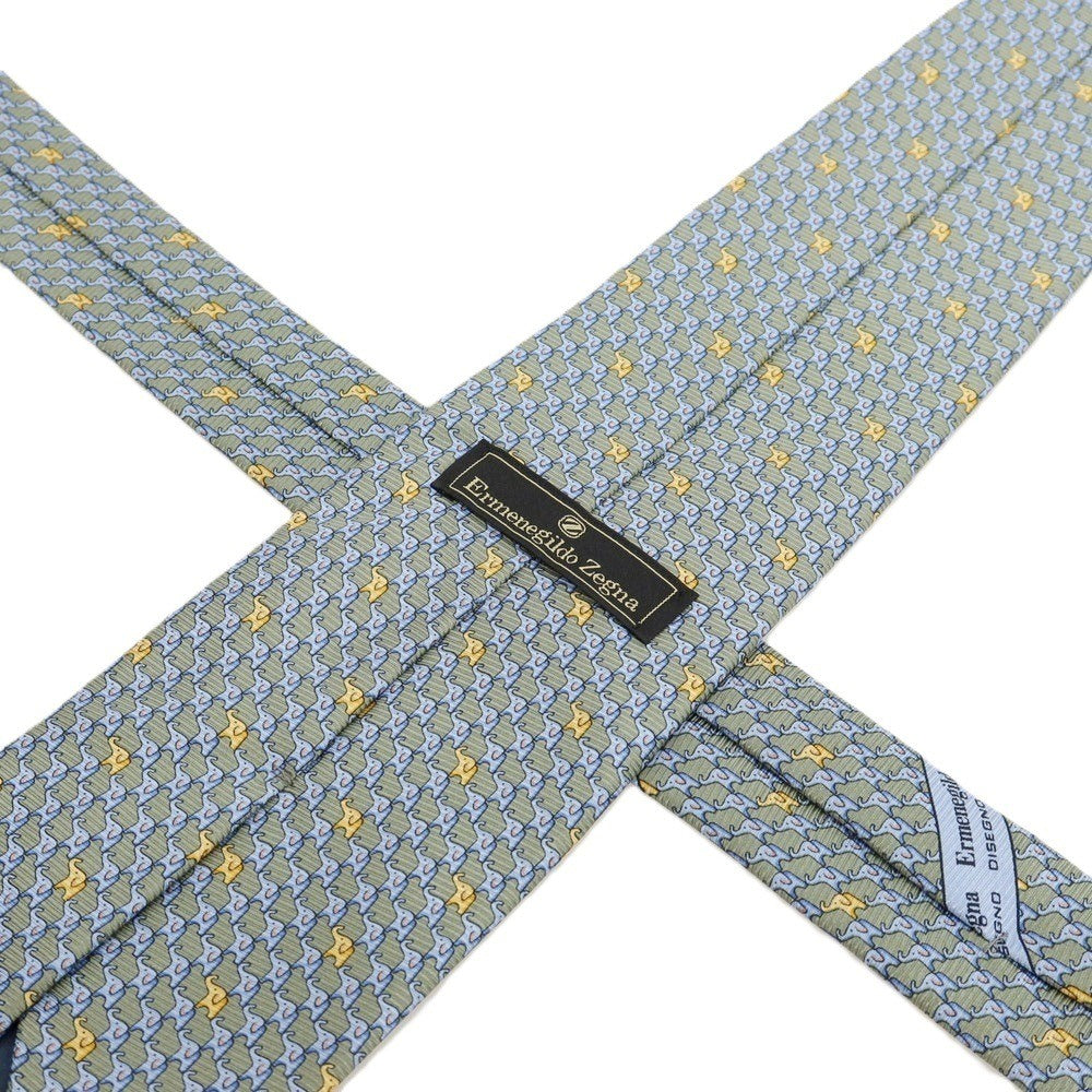 【中古】エルメネジルドゼニア Ermenegildo Zegna シルク プリント ゾウ エレファント柄ネクタイ グリーン系xライトブルー【 状態ランクB 】【 メンズ 】