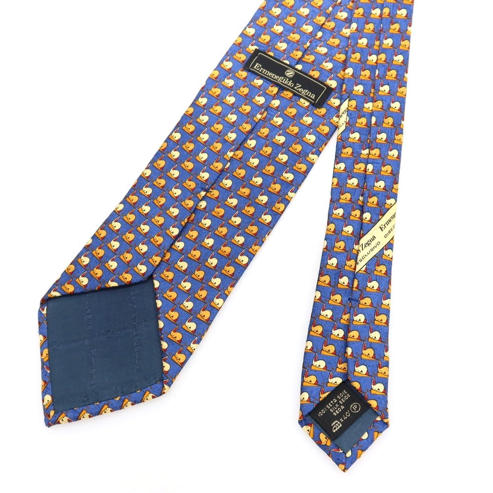 【中古】エルメネジルドゼニア Ermenegildo Zegna シルク プリント ラビット×キャロット柄ネクタイ ネイビー系【 状態ランクB 】【 メンズ 】