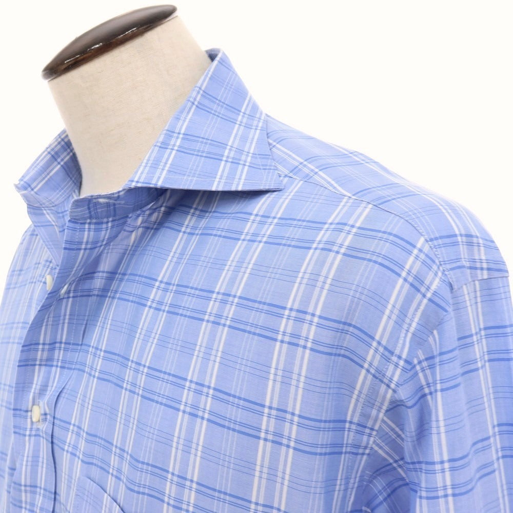 【中古】エルメネジルドゼニア Ermenegildo Zegna コットン チェック セミワイドカラー ドレスシャツ ブルーxホワイト【サイズ41】【 状態ランクC 】【 メンズ 】