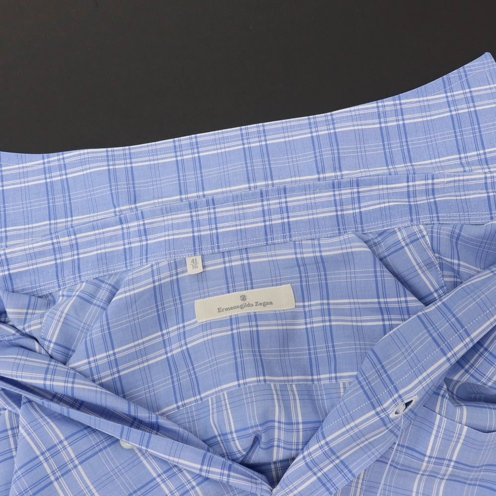 【中古】エルメネジルドゼニア Ermenegildo Zegna コットン チェック セミワイドカラー ドレスシャツ ブルーxホワイト【サイズ41】【 状態ランクC 】【 メンズ 】