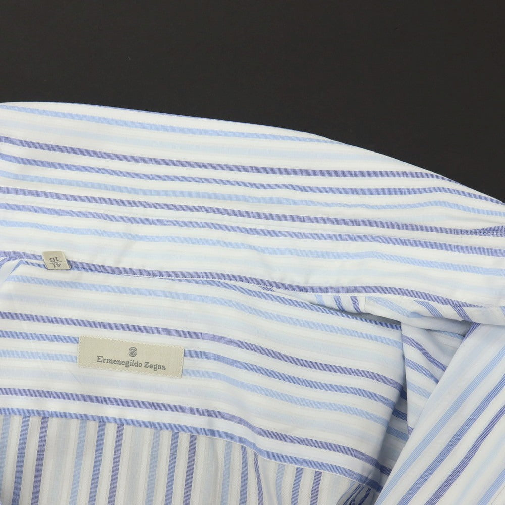 【中古】エルメネジルドゼニア Ermenegildo Zegna コットン ストライプ ボタンダウン ドレスシャツ ホワイトxブルー系【サイズ41】【 状態ランクC 】【 メンズ 】