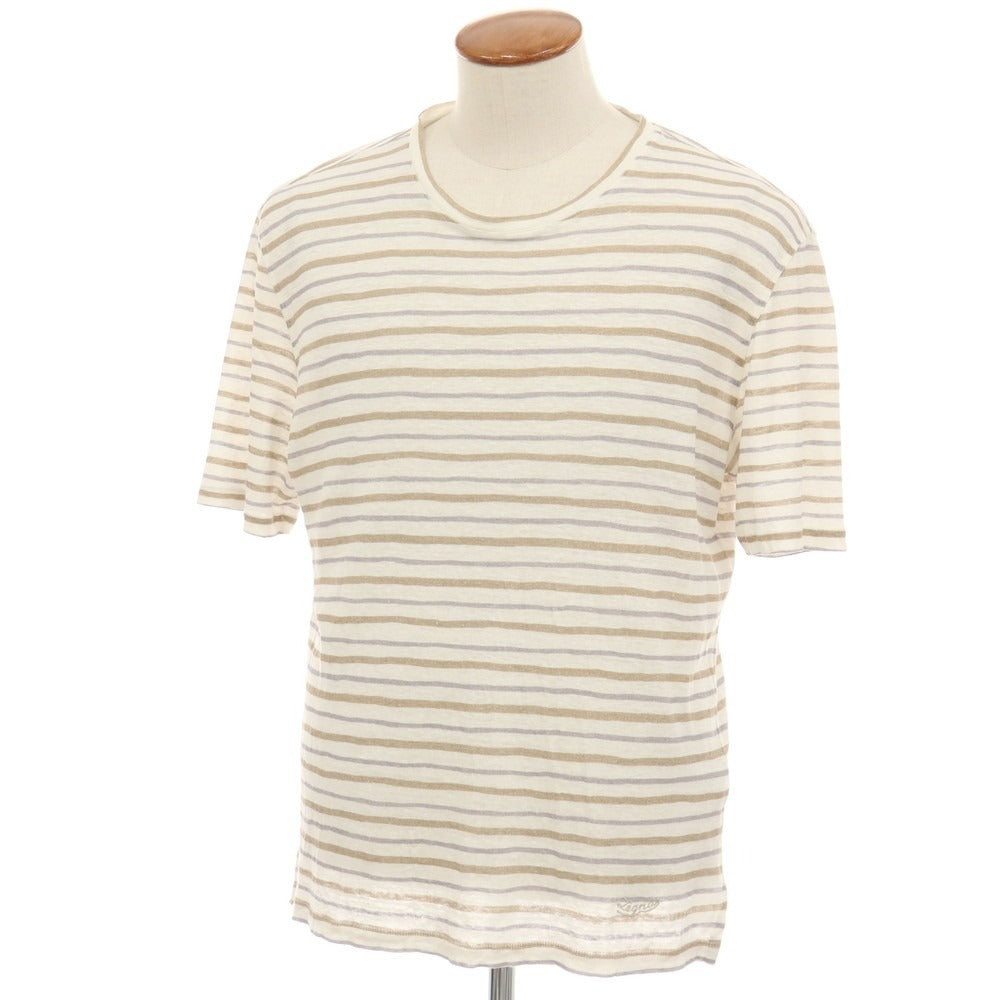 【中古】エルメネジルドゼニア Ermenegildo Zegna リネン ボーダー クルーネック 半袖Tシャツ ホワイトxブラウン【サイズ50/M】【 状態ランクC 】【 メンズ 】