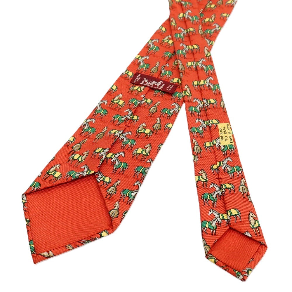 【中古】エルメス HERMES シルク プリント 馬 ホース柄ネクタイ ダークオレンジ【 状態ランクD 】【 メンズ 】