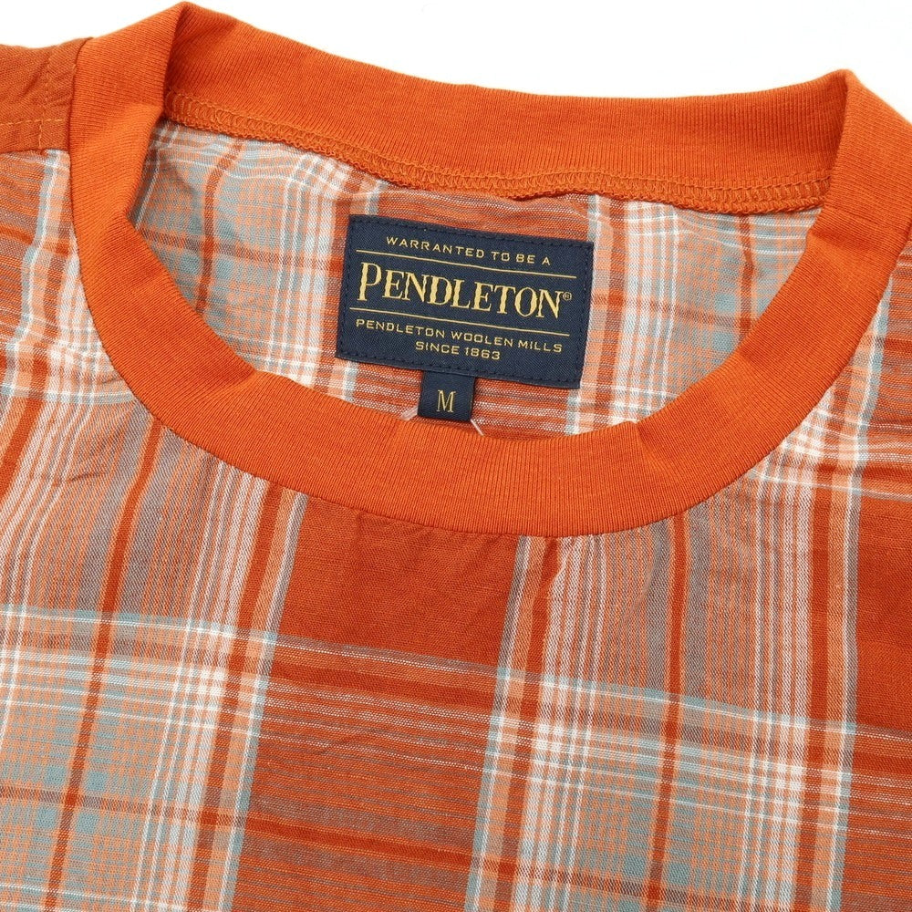 【中古】ペンドルトン PENDLETON リネンコットン チェック クルーネック プルオーバーシャツ 半袖カットソー ダークオレンジxホワイト【サイズM】【 状態ランクB 】【 メンズ 】