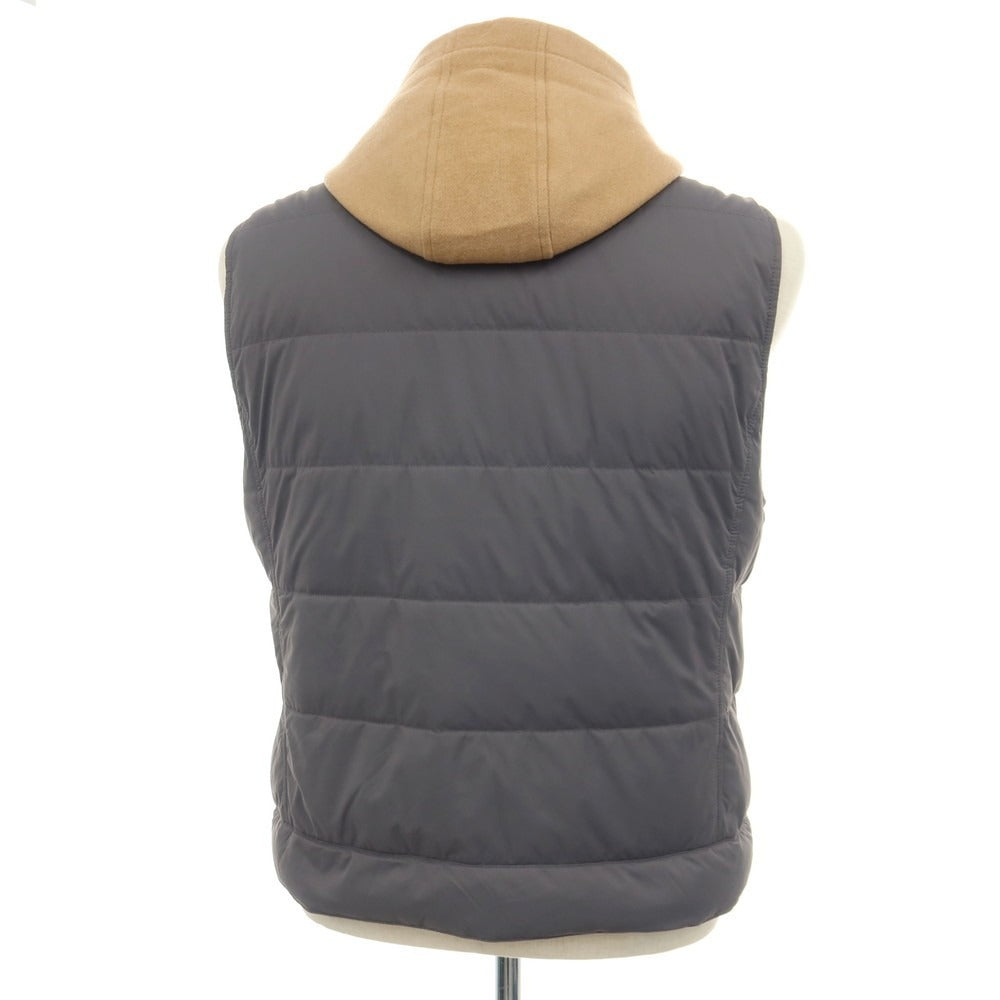 【中古】ブルネロクチネリ Brunello Cucinelli ナイロン×カシミヤ レイヤードデザイン フーデッド ダウンベスト グレーxベージュ【サイズM】【 状態ランクB 】【 メンズ 】