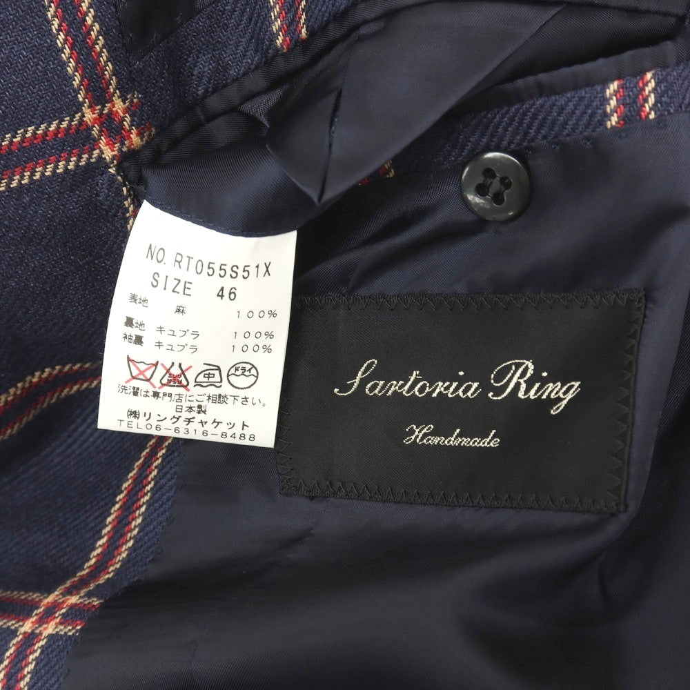 【中古】サルトリア リング Sartoria Ring リネン チェック 2B テーラードジャケット ネイビーxレッド【サイズ46】【 状態ランクB 】【 メンズ 】