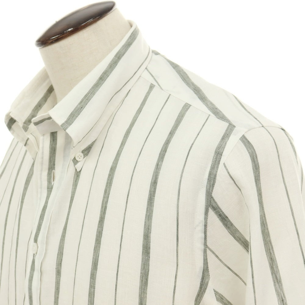 【中古】ラルディーニ LARDINI リネンコットン ストライプ ボタンダウン カジュアルシャツ ホワイトxダークオリーブ【サイズ42】【 状態ランクC 】【 メンズ 】