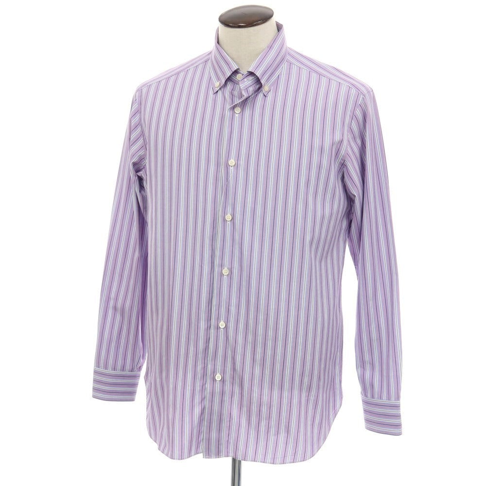 【中古】ブリオーニ Brioni コットン ストライプ ボタンダウン ドレスシャツ パープルxホワイト【サイズ4】【 状態ランクB 】【 メンズ 】